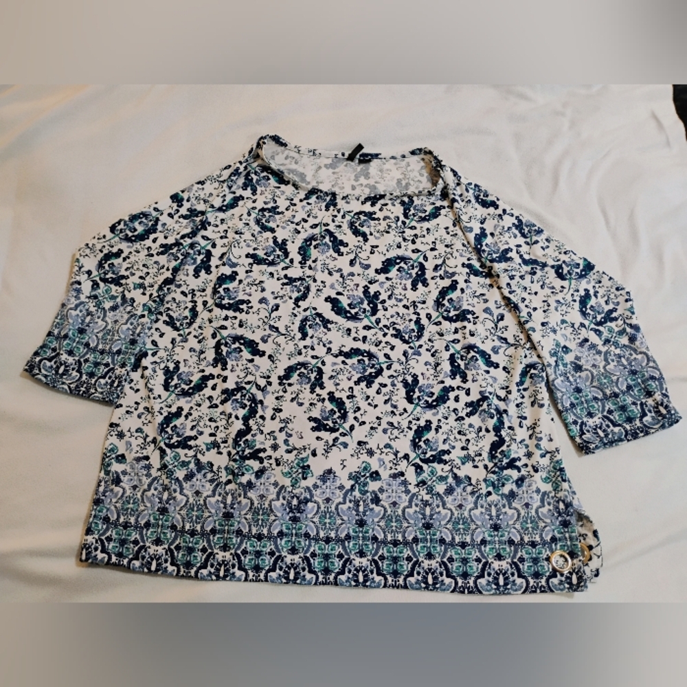 new directions White Blouse with Navy and Teal Paisley Border